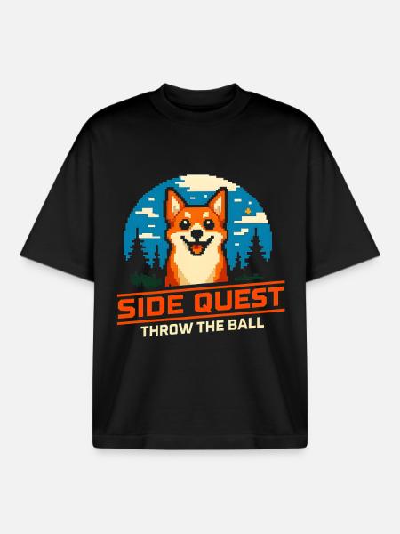 Side Quest: Throwing Ball | Dog Retrieving - Boxy Heavyweight Unisex Organic T-Shirt by Stanley/Stella - black