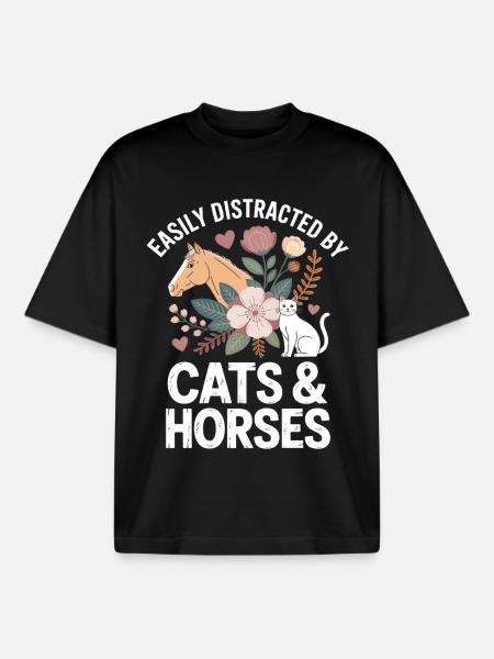 Cats & Horses Distraction - Boxy Heavyweight Unisex Organic T-Shirt by Stanley/Stella - black
