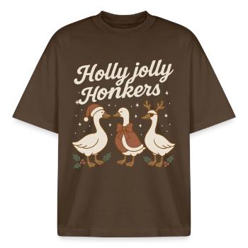 Weihnachtsgans Holly Jolly Honkers - Boxy Heavyweight Unisex Organic T-Shirt von Stanley/Stella - Dunkelbraun - Vorne - AI Model Male 185 light (185cm) & AI Model Female 172 dark (172cm)