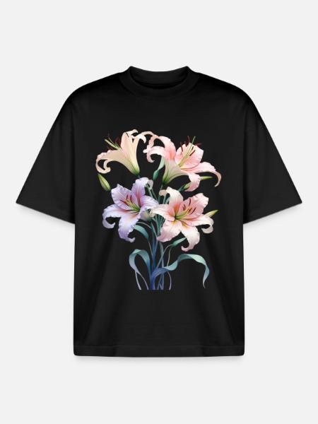 Bouquet de lys pastel - T-shirt unisexe boxy épais biologique Stanley/Stella - noir