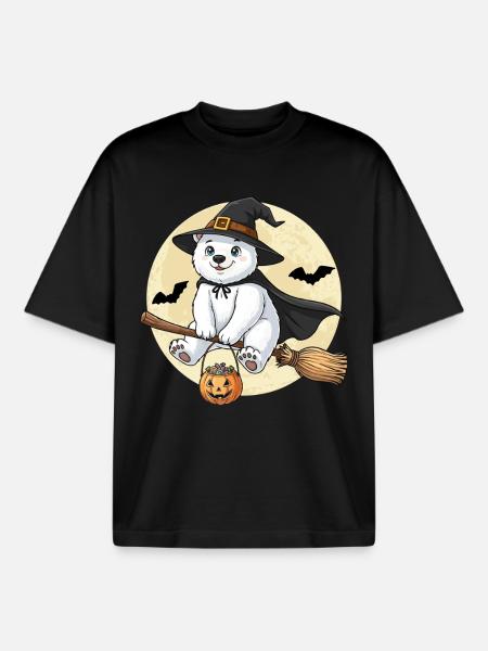 Sød Isbjørn Heks Halloween Græskar Fuldmåne - Stanley/Stella unisex boxy heavyweight T-shirt økologisk - sort