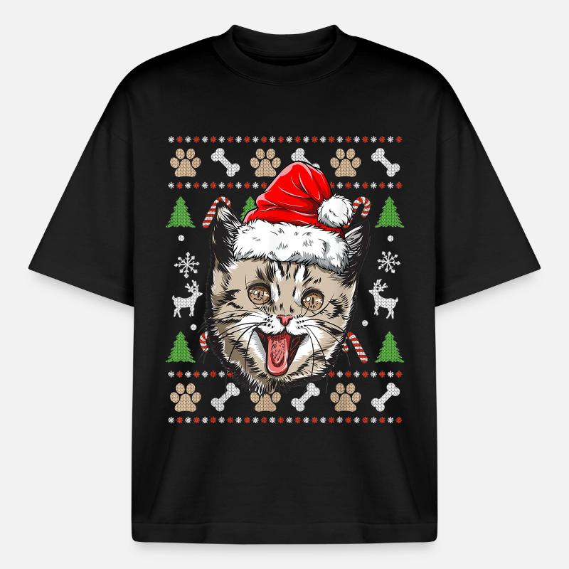 Hässlicher Weihnachtspullover Niedliche Katze Glückliche Geschenkidee - Boxy Heavyweight Unisex Organic T-Shirt von Stanley/Stella - Schwarz