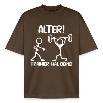 Figurine allumette TRAIN LEGS Fun - T-shirt unisexe boxy épais biologique Stanley/Stella - marron foncé - Devant - AI Model Male 185 light (185cm) & AI Model Female 172 dark (172cm)