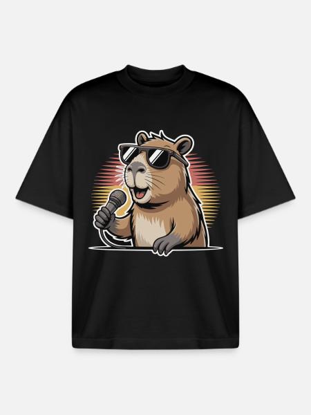Singer Capybara with sunglasses - Boxy Heavyweight Unisex Organic T-Shirt by Stanley/Stella - black