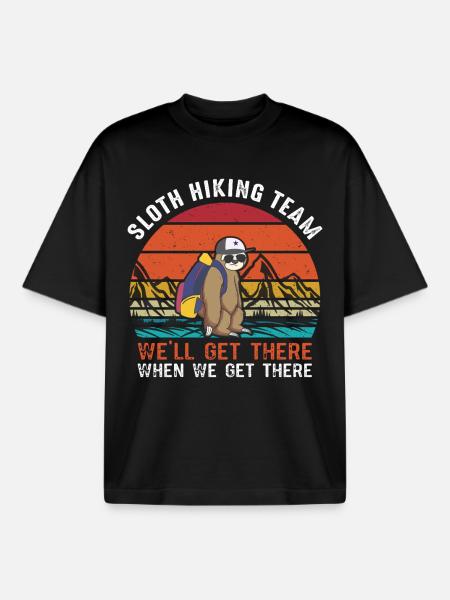 Sloth hiking team in retro sunset - Boxy Heavyweight Unisex Organic T-Shirt by Stanley/Stella - black