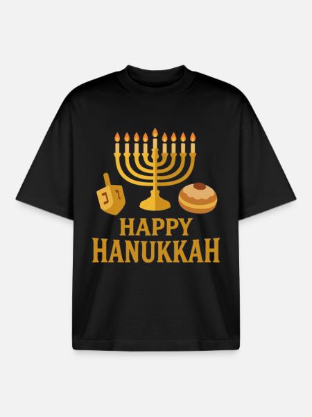 Menorah d’or : Joyeux Hanoukka - T-shirt unisexe boxy épais biologique Stanley/Stella - noir