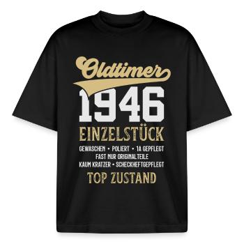 OLDTIMER 1946 EINZELSTÜCK 80. GEBURTSTAG - Boxy Heavyweight Unisex Organic T-Shirt von Stanley/Stella - Schwarz - Vorne - AI Model Male 185 light (185cm) & AI Model Female 172 dark (172cm)