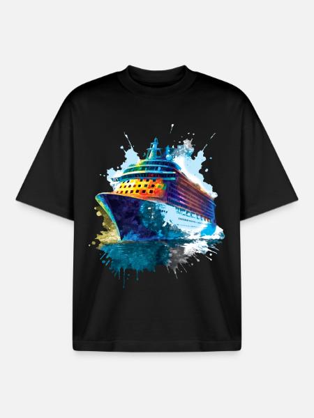 Cruise Ship Illustration Ocean Travel - Boxy Heavyweight Unisex Organic T-Shirt by Stanley/Stella - black