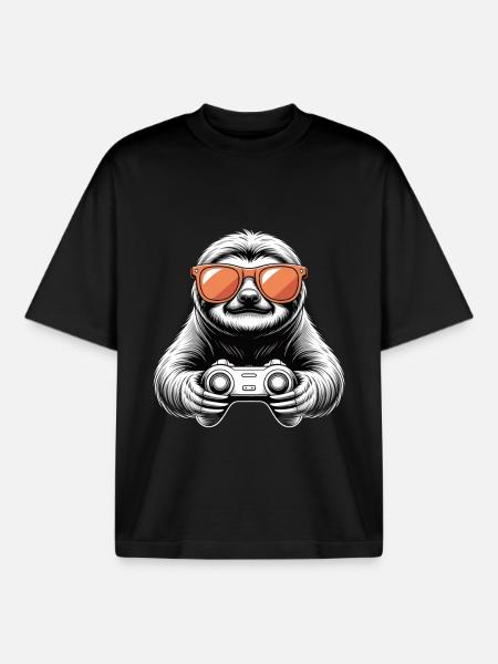 Gamer Sloth - Boxy Heavyweight Unisex Organic T-Shirt by Stanley/Stella - black