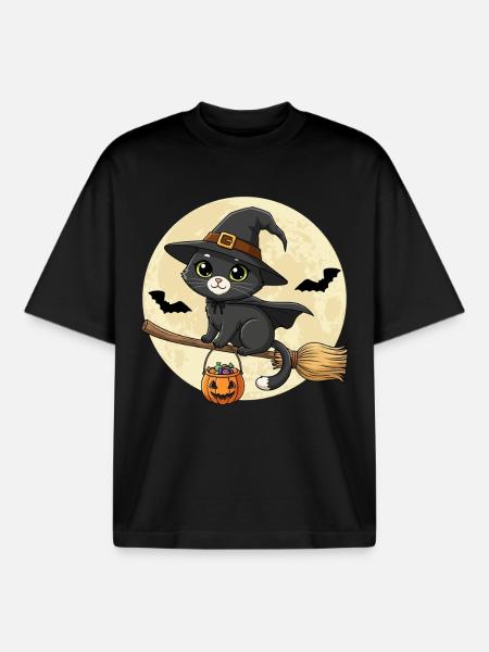 Cute Cat Witch Halloween Black Cat - Boxy Heavyweight Unisex Organic T-Shirt by Stanley/Stella - black