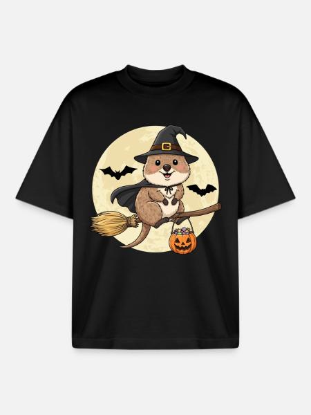 Douce Sorcière Quokka Halloween - T-shirt unisexe boxy épais biologique Stanley/Stella - noir