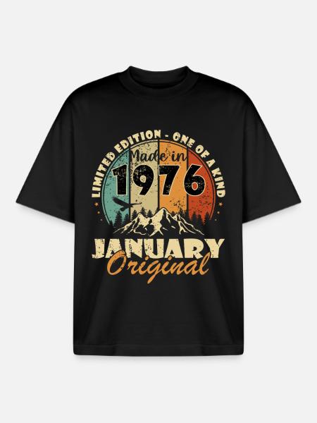 Janvier 1976 Millésime Original - T-shirt unisexe boxy épais biologique Stanley/Stella - noir