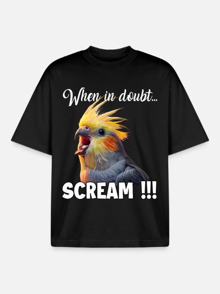 Funny Cockatiel T, Screaming Bird Meme - Boxy Heavyweight Unisex Organic T-Shirt by Stanley/Stella - black