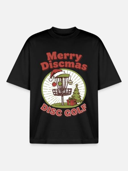 Merry Discmas Disc Golf Funny Flying Disc Basket - Boxy Heavyweight Unisex Organic T-Shirt by Stanley/Stella - black