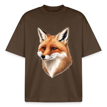 Fuchs Kopf Illustration: Warme Naturtöne - Boxy Heavyweight Unisex Organic T-Shirt von Stanley/Stella - Dunkelbraun - Vorne - AI Model Male 185 light (185cm) & AI Model Female 172 dark (172cm)