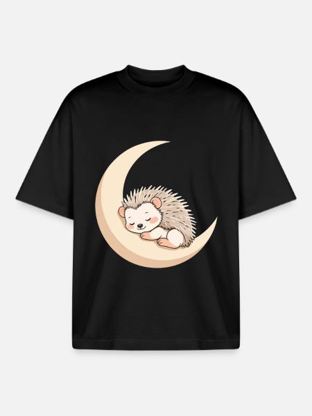Moon Sleep Hedgehog - Boxy Heavyweight Unisex Organic T-Shirt by Stanley/Stella - black