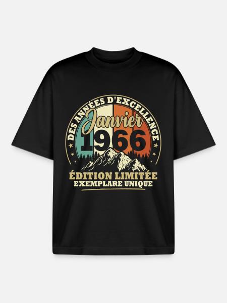 Regalo di compleanno vintage gennaio 1966 - T-shirt unisex boxy pesante biologica di Stanley/Stella - nero