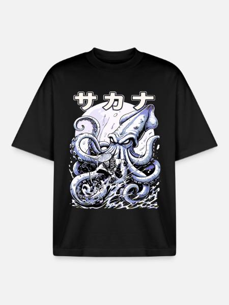 Japan Fisherman Kraken Fight – Ukiyo-e Squid - Boxy Heavyweight Unisex Organic T-Shirt by Stanley/Stella - black