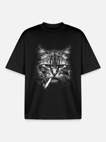 Fumer, cigarette, chat fumer une cigarette - T-shirt unisexe boxy épais biologique Stanley/Stella - noir