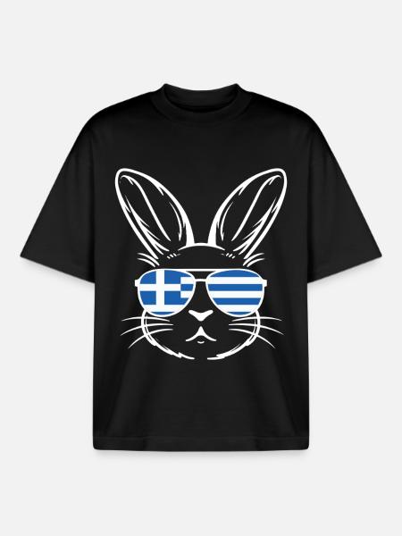 Greek Easter Greek Flag Easter Rabbit - Boxy Heavyweight Unisex Organic T-Shirt by Stanley/Stella - black