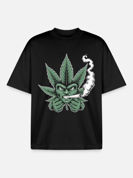 Weed Shirt – Cannabis Leaf Face Stoner - Boxy Heavyweight Unisex Organic T-Shirt by Stanley/Stella - black