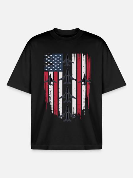 Jet Fighter USA Flag – Pilot Airplane - Boxy Heavyweight Unisex Organic T-Shirt by Stanley/Stella - black