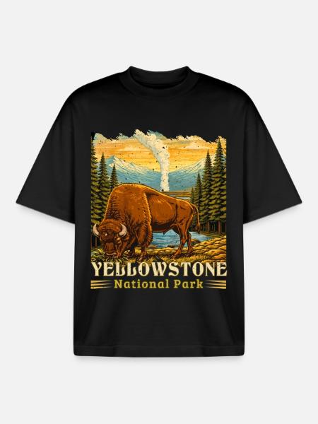 Yellowstone National Park Buffalo Camping - Boxy Heavyweight Unisex Organic T-Shirt by Stanley/Stella - black