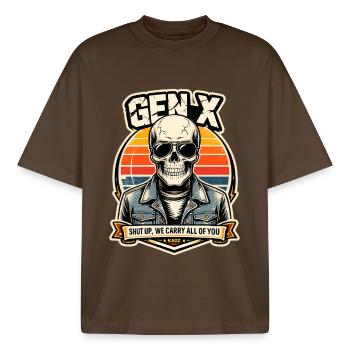 Skull Sunset Denim Rider - Boxy Heavyweight Unisex Organic T-Shirt von Stanley/Stella - Dunkelbraun - Vorne - AI Model Male 185 light (185cm) & AI Model Female 172 dark (172cm)