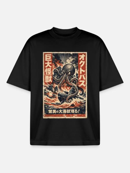 Retro Kaiju Octopus Japan - Boxy Heavyweight Unisex Organic T-Shirt by Stanley/Stella - black
