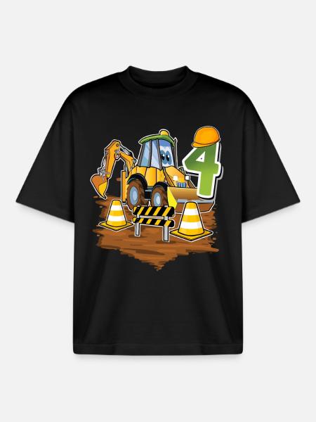 4 Excavators 4th Birthday - Boxy Heavyweight Unisex Organic T-Shirt by Stanley/Stella - black