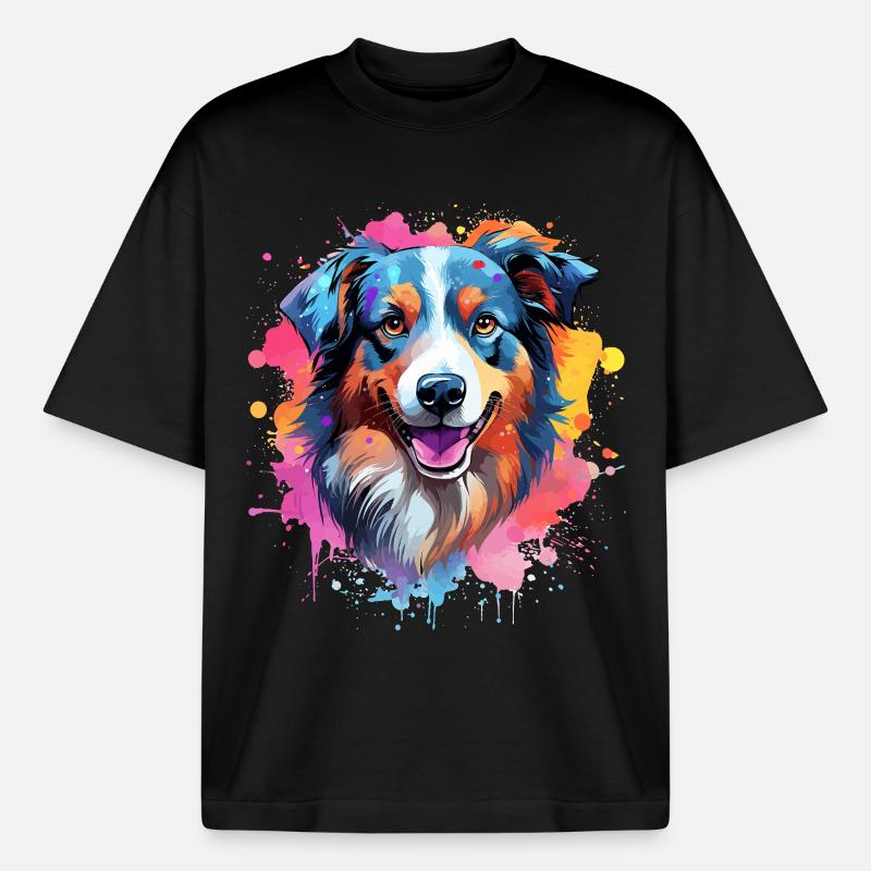 Farbenfrohe Splash-Kunst Australischer Schäferhund - Boxy Heavyweight Unisex Organic T-Shirt von Stanley/Stella - Schwarz