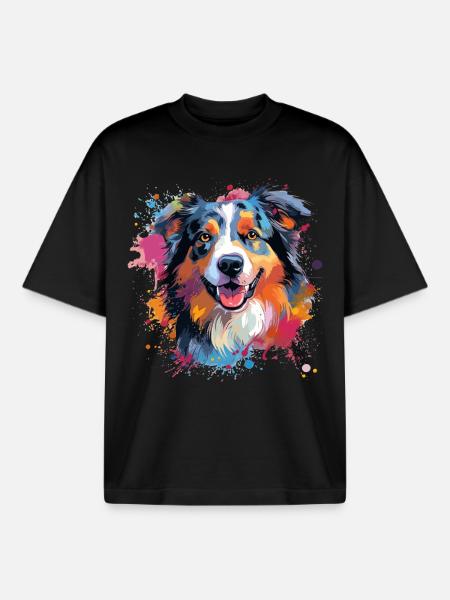 Australian Shepherd Bunte Hunde-Splash-Kunst - Boxy Heavyweight Unisex Organic T-Shirt von Stanley/Stella - Schwarz