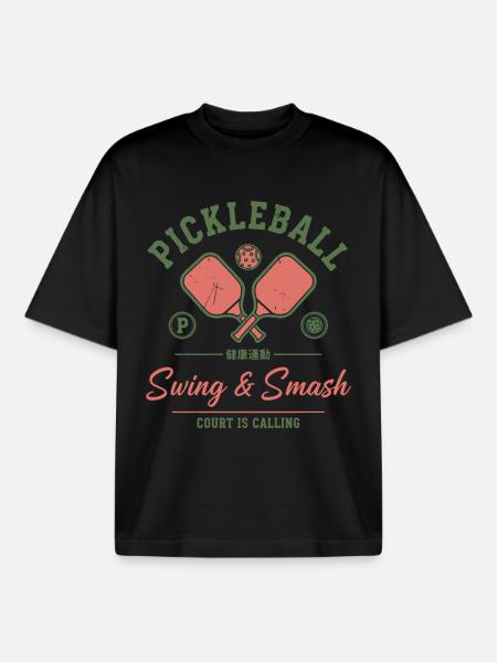 Pickleball Funny Player svingar och smashar court - Unisex boxy heavyweight ekologisk T-shirt Stanley/Stella - svart