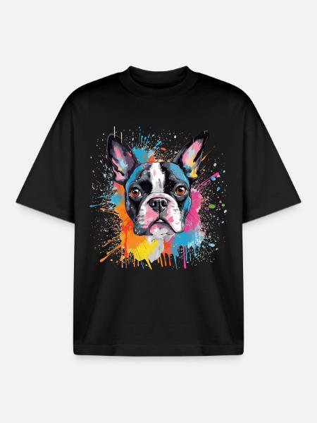 Portrait éclaboussé du Boston Terrier - T-shirt unisexe boxy épais biologique Stanley/Stella - noir