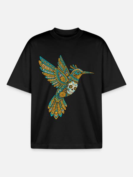 Skull Alebrije Hummingbird Mexican - Boxy Heavyweight Unisex Organic T-Shirt by Stanley/Stella - black
