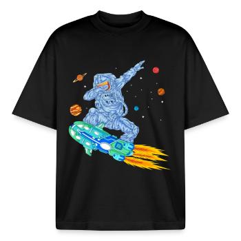 T-shirt spatial Astronaute en hoverboard - T-shirt unisexe boxy épais biologique Stanley/Stella - noir - Devant - AI Model Male 185 light (185cm) & AI Model Female 172 dark (172cm)