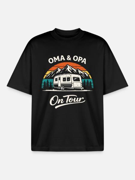 Oma & Opa Op Tour Kampeershirt Caravan - Unisex boxy heavyweight biologisch T-shirt Stanley/Stella - zwart
