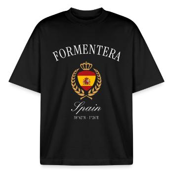 Es Pujols Formentera Spanien Wappen Reise Souvenir - Boxy Heavyweight Unisex Organic T-Shirt von Stanley/Stella - Schwarz - Vorne - AI Model Male 185 light (185cm) & AI Model Female 172 dark (172cm)