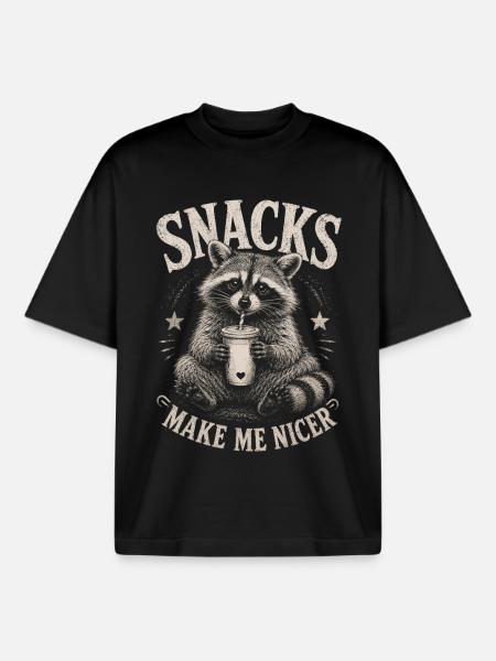 Raccoon, Snacks Make Me Nicer - Boxy Heavyweight Unisex Organic T-Shirt by Stanley/Stella - black