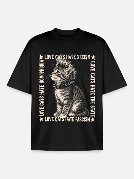 Punk Cat Love Cats Statement Shirt - Boxy Heavyweight Unisex Organic T-Shirt by Stanley/Stella - black