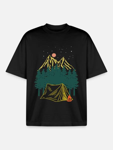 Starry Night Mountain Camping Adventure - Boxy Heavyweight Unisex Organic T-Shirt by Stanley/Stella - black