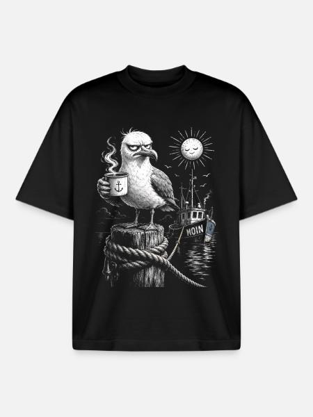 MOIN – Grumpy Seagull with Coffee - Boxy Heavyweight Unisex Organic T-Shirt by Stanley/Stella - black