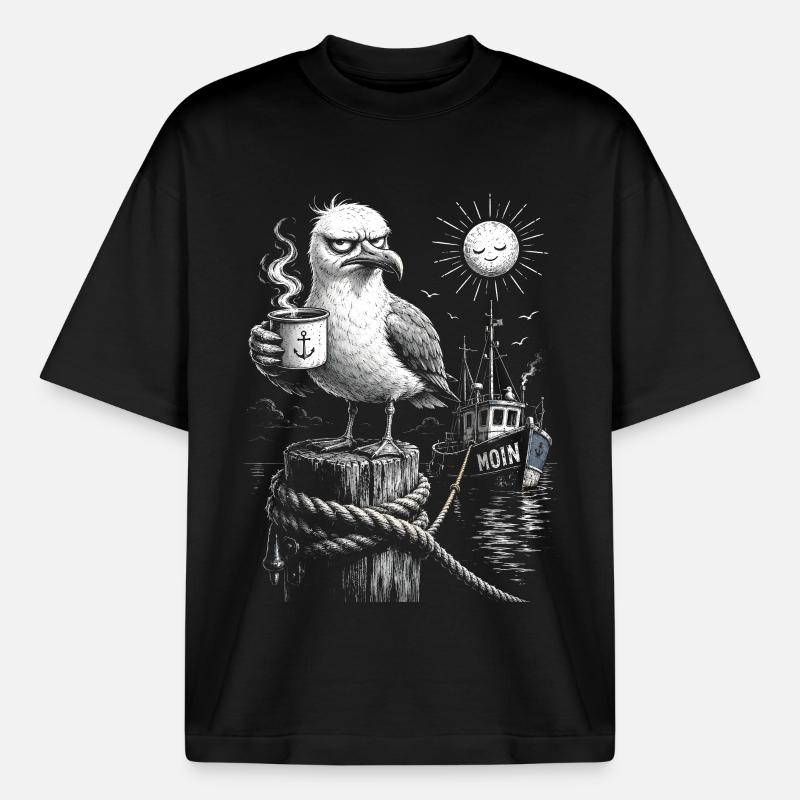 MOIN – Grumpy Seagull with Coffee - Boxy Heavyweight Unisex Organic T-Shirt by Stanley/Stella - black