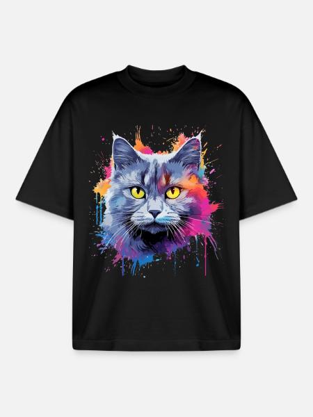 Bunte Chartreux Katzengesicht-Splash-Art - Boxy Heavyweight Unisex Organic T-Shirt von Stanley/Stella - Schwarz