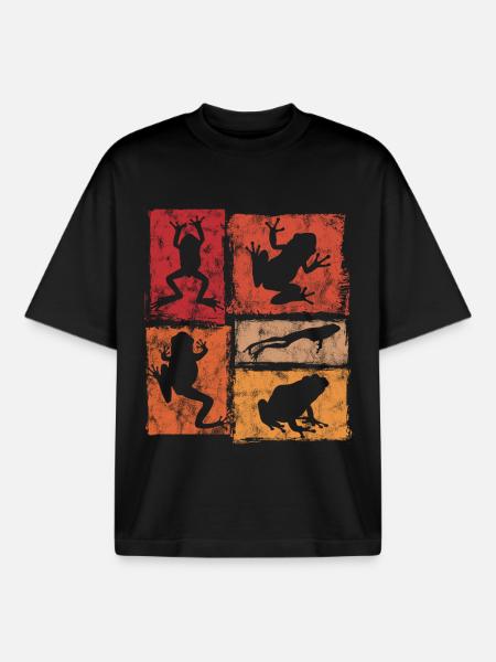 Frogs Retro Graphic - Frog Silhouettes - Boxy Heavyweight Unisex Organic T-Shirt by Stanley/Stella - black