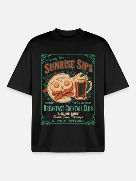 Breakfast Brunch Coffee Pancake Bacon Food - Boxy Heavyweight Unisex Organic T-Shirt by Stanley/Stella - black