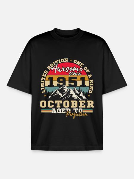 October 1951 Vinatge Retro Birthday Gift - Boxy Heavyweight Unisex Organic T-Shirt by Stanley/Stella - black