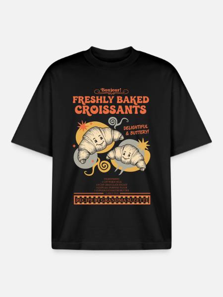 Breakfast Brunch Coffee Freshly Baked Croissants - Boxy Heavyweight Unisex Organic T-Shirt by Stanley/Stella - black