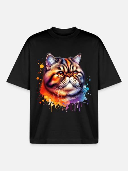 Exotic Shorthair Cat Motif - Boxy Heavyweight Unisex Organic T-Shirt by Stanley/Stella - black