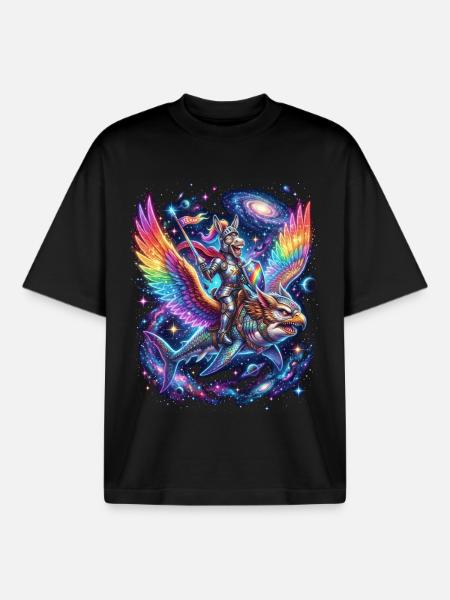 Cosmos Knight on Rainbow Falcon - Boxy Heavyweight Unisex Organic T-Shirt by Stanley/Stella - black